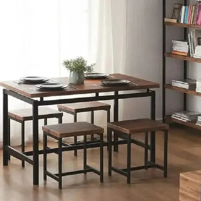 ترابيزة سفرة ستيل بسطح خشب، 120*80*75 سم