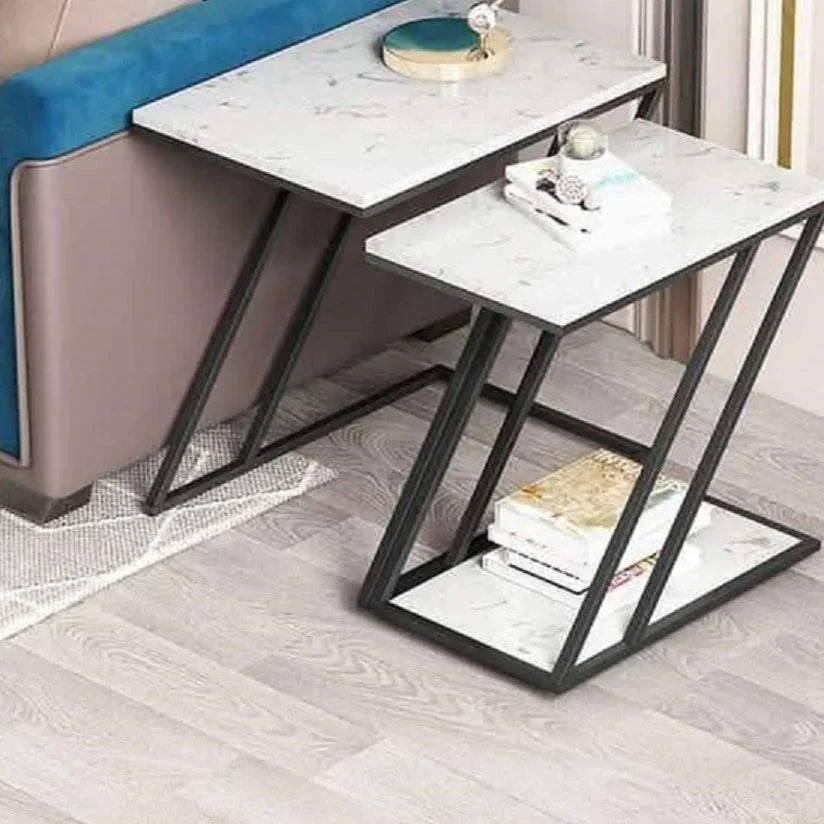 طقم ترابيزات جانبية ستيل بسطح رخام، قطعتين