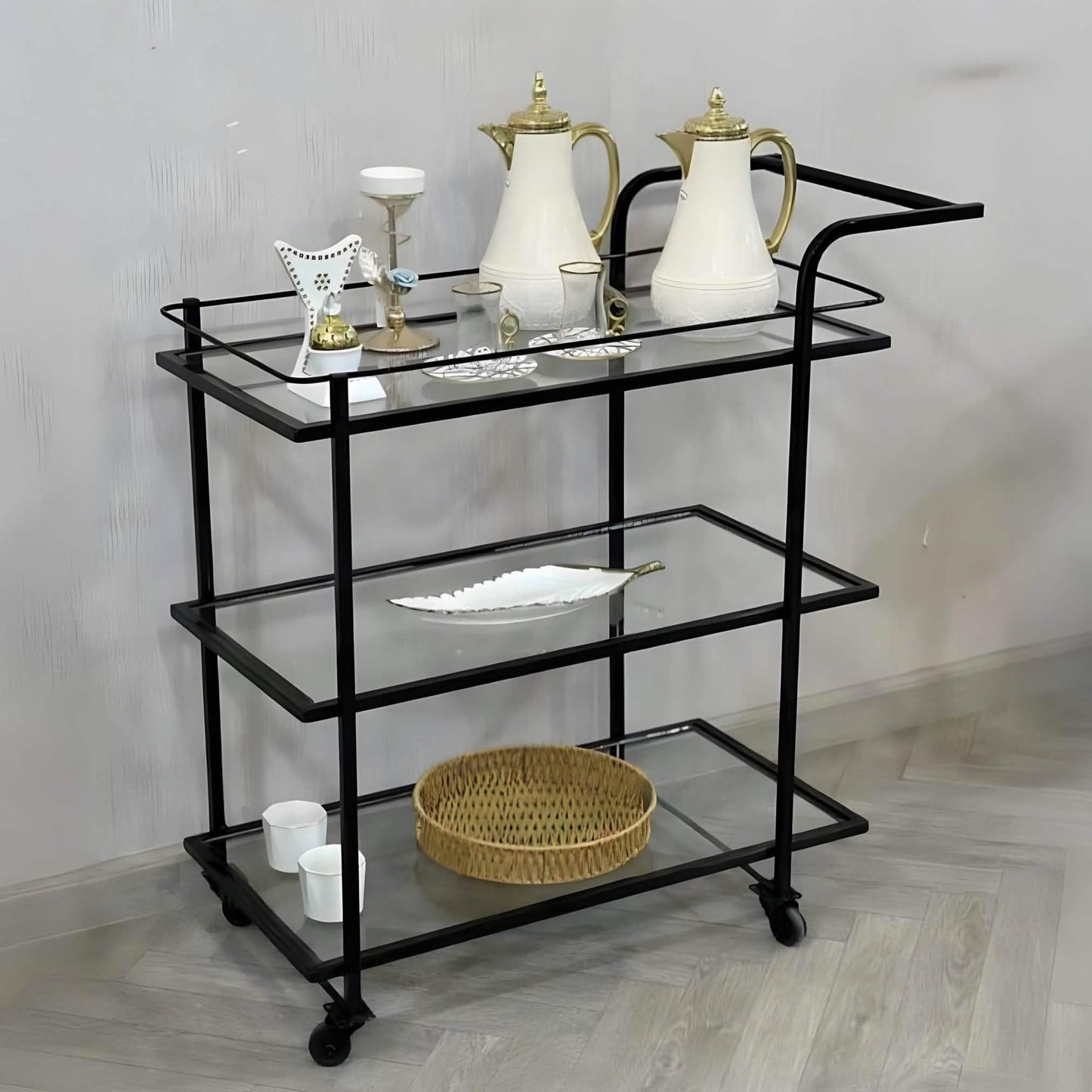 ترابيزة جانبية متحركة ستيل بسطح زجاج، 80*40*85 سم