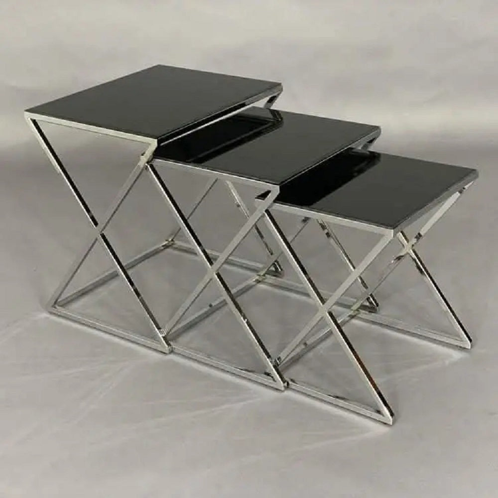 طقم ترابيزات جانبية متداخلة ستيل بسطح زجاج، 3 قطع