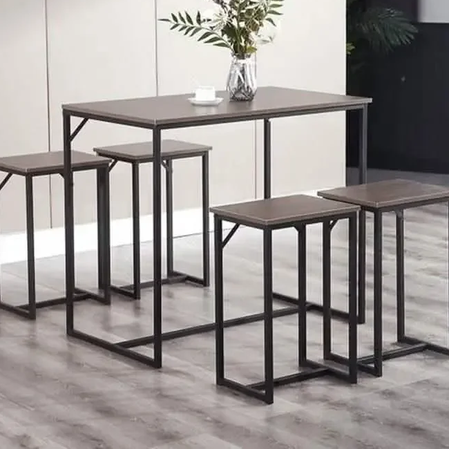 طقم سفرة ستيل بسطح خشب، 5 قطع