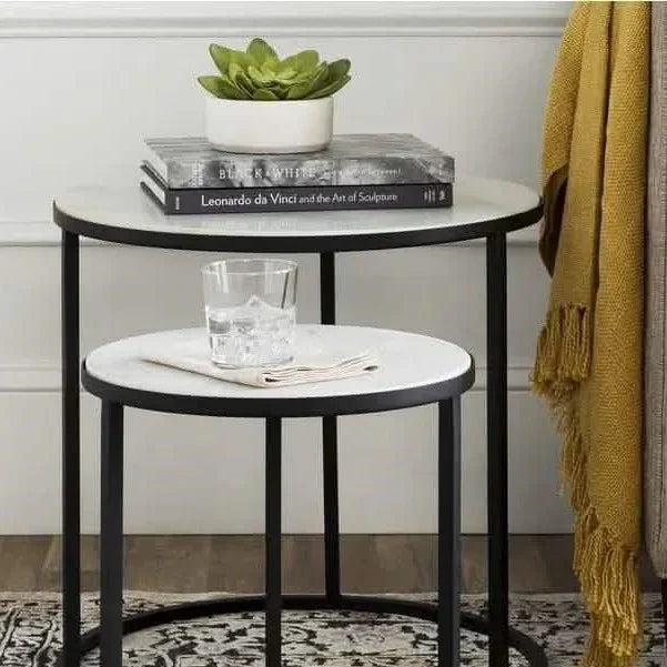 طقم ترابيزات جانبية متداخلة معدن بسطح رخام، قطعتين