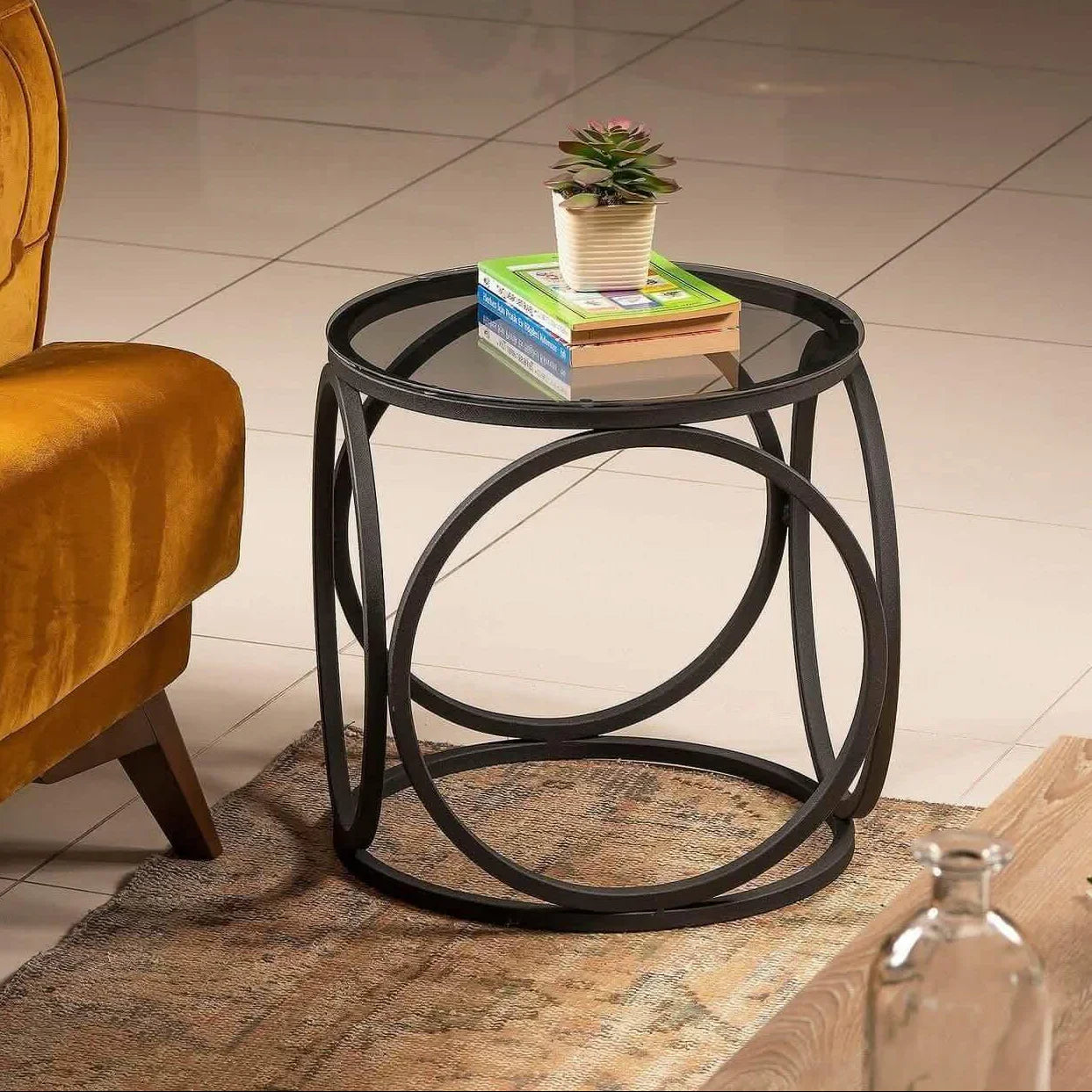 ترابيزة جانبية ستيل بسطح زجاج، 40*40*45 سم - أسود