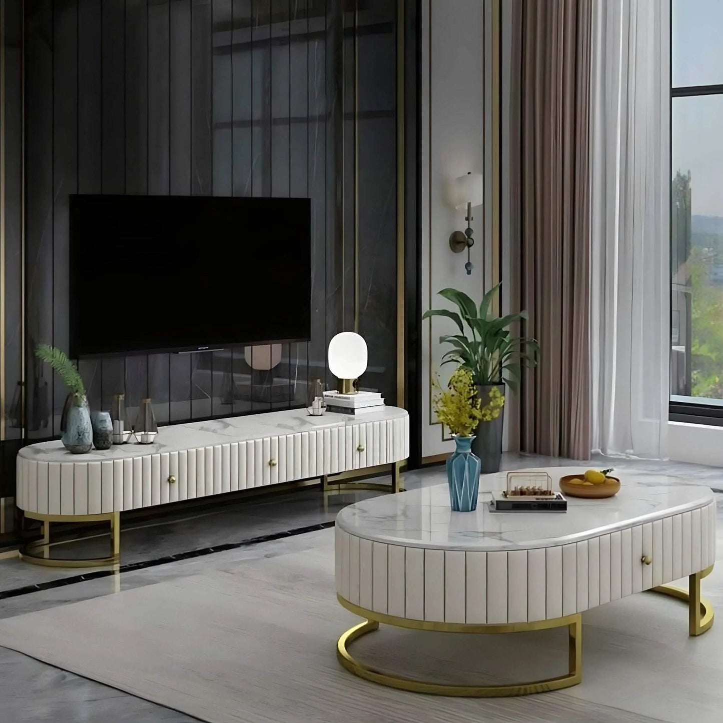 طقم ترابيزة تليفزيون مع ترابيزة قهوة، خشب ام دي اف - قطعتين