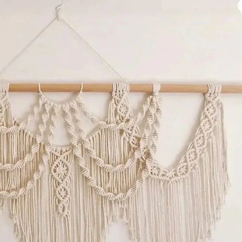 مكرمية حائط قطن وخشب طبيعي، 100*60 سم