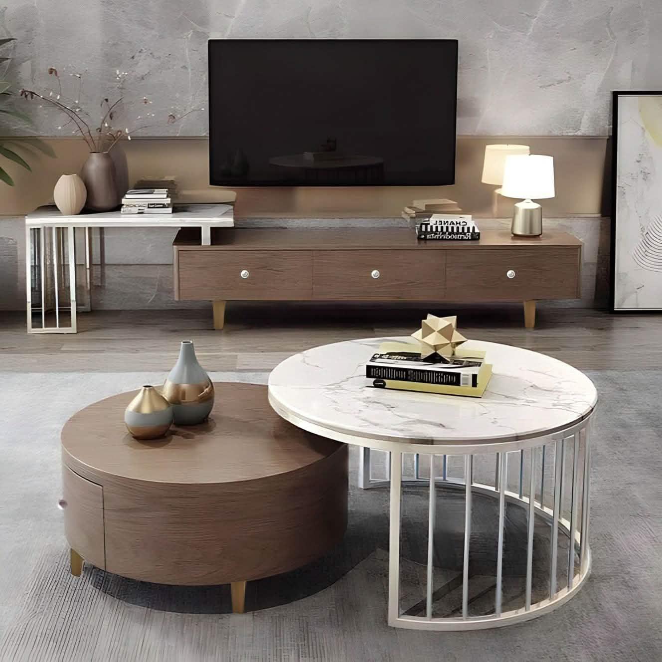 طقم ترابيزات تليفزيون وقهوة، خشب ام دي اف - 4 قطع