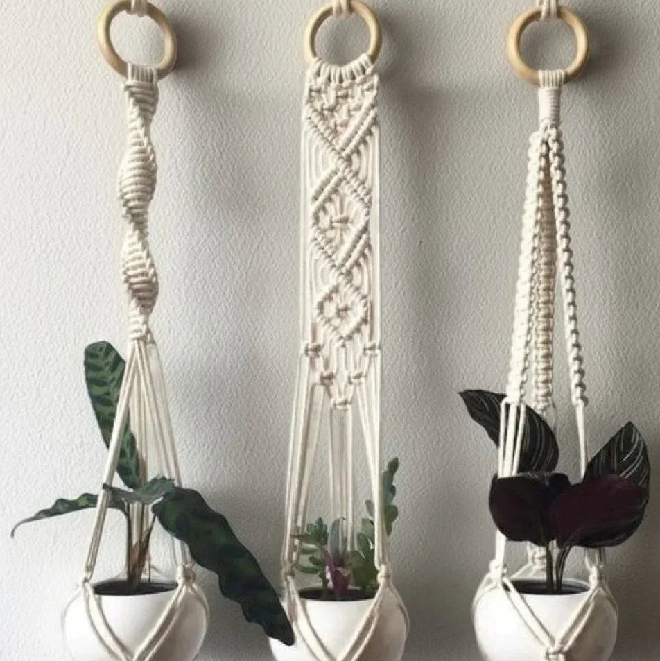 طقم حامل اواني زرع مكرمية قطن، 80 سم - 3 قطع