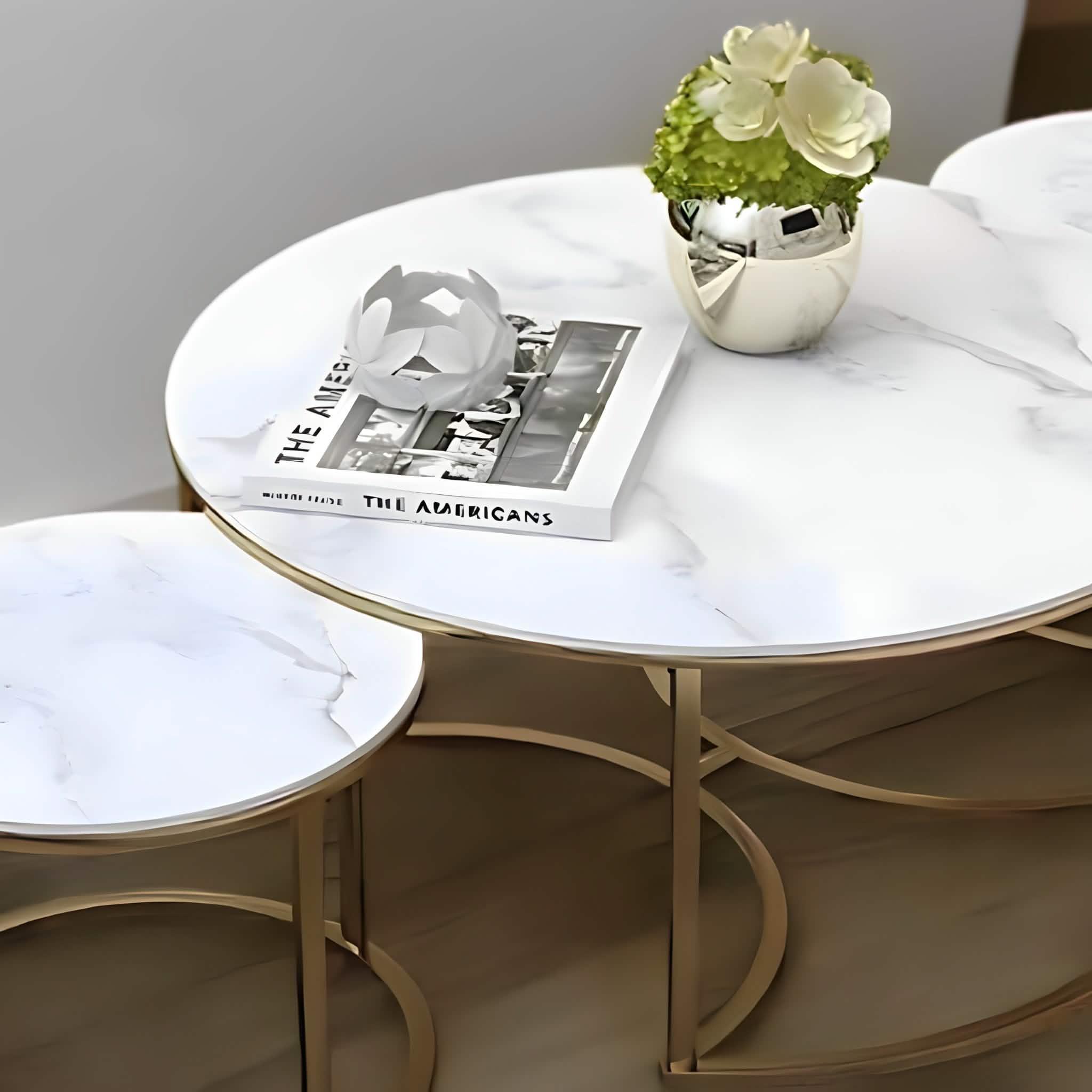 طقم ترابيزات قهوة متداخلة ستيل بسطح رخام، 3 قطع