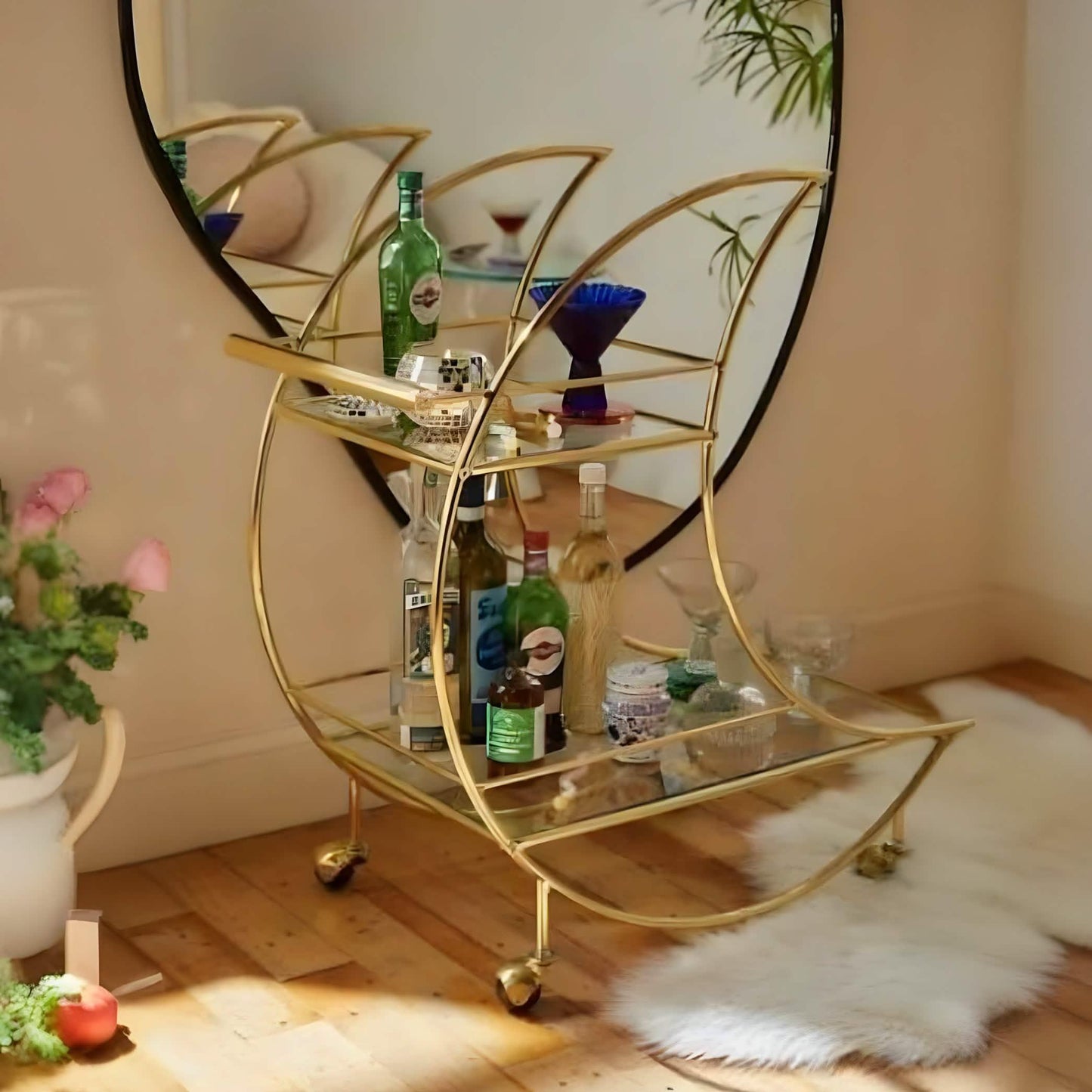 ترابيزة جانبية متحركة ستيل بسطح زجاج، 75*40*85 سم