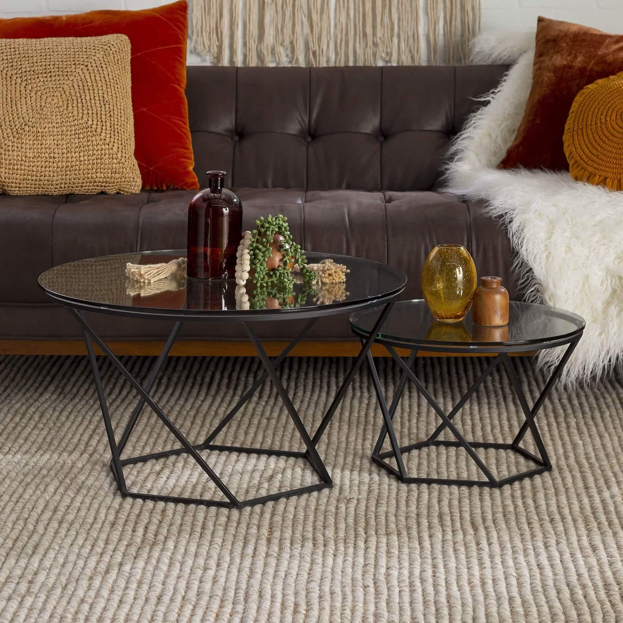 طقم ترابيزات قهوة متداخلة ستيل بسطح زجاج، قطعتين