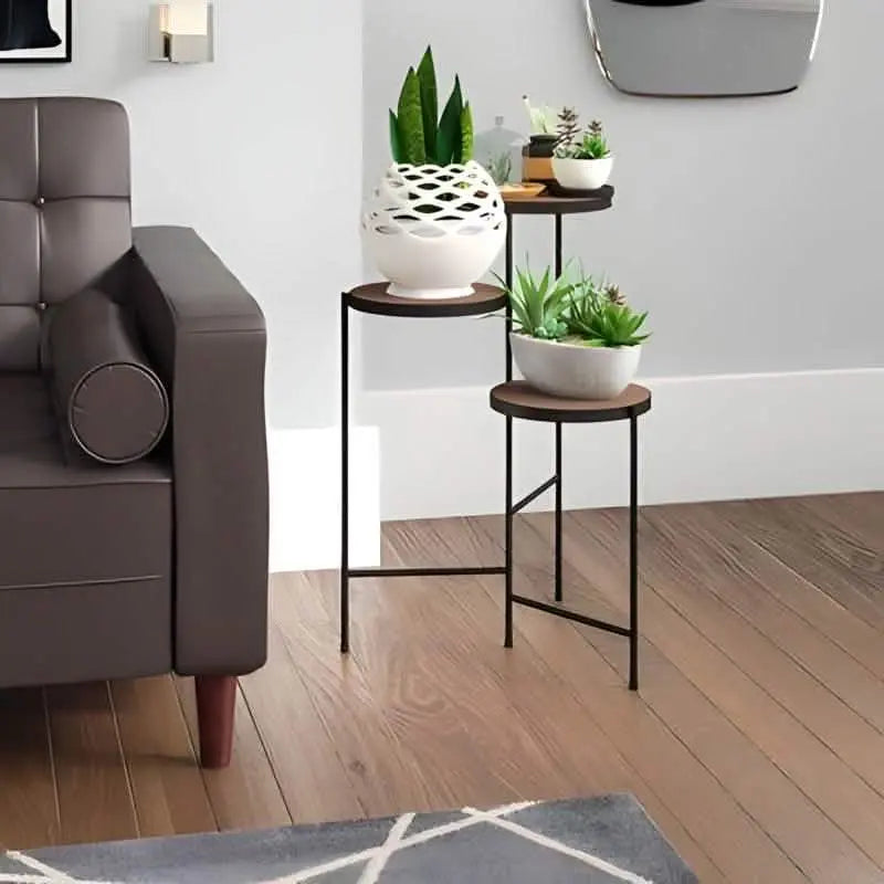 طقم ترابيزات جانبية ستيل بسطح خشب، 3 قطع