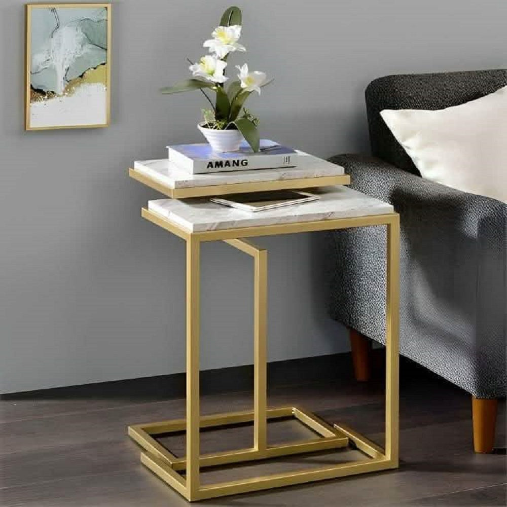 ترابيزة جانبية مزدوجة معدن بسطح رخام