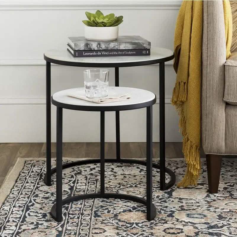 ترابيزة جانبية مزدوجة معدن بسطح رخام، قطعتين