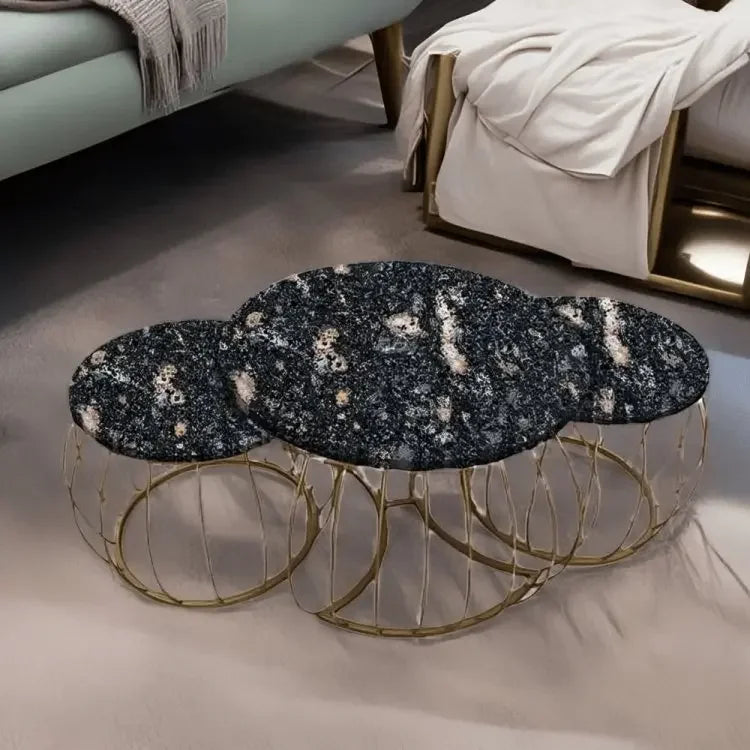 طقم ترابيزات قهوة متداخلة معدن بسطح جرانيت، 3 قطع