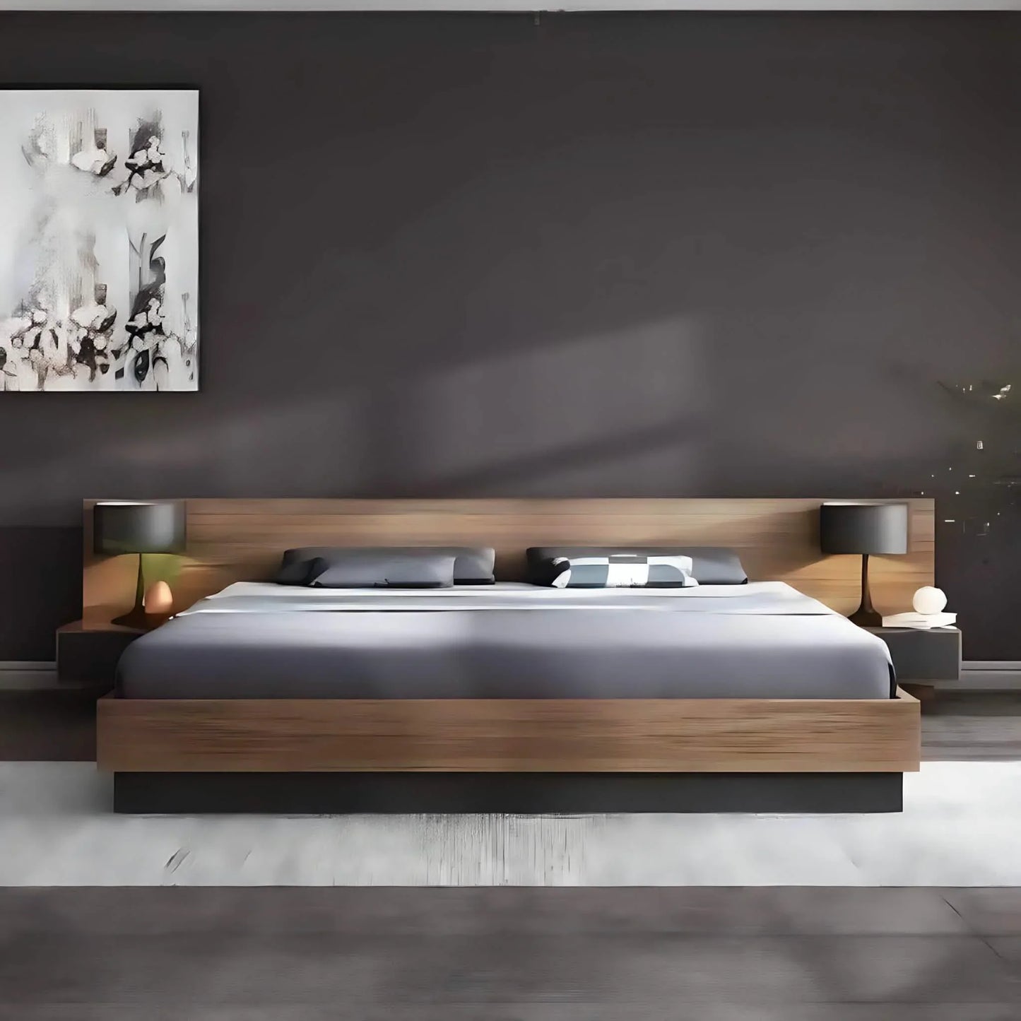 سرير كينج ، خشب كونتر ، مع 2 كومود خشب ام دي اف