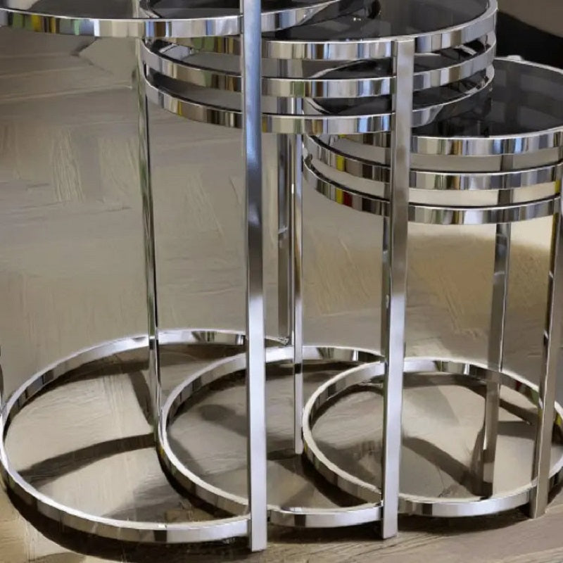 طقم ترابيزات جانبية ستيل بسطح زجاج، 3 قطع