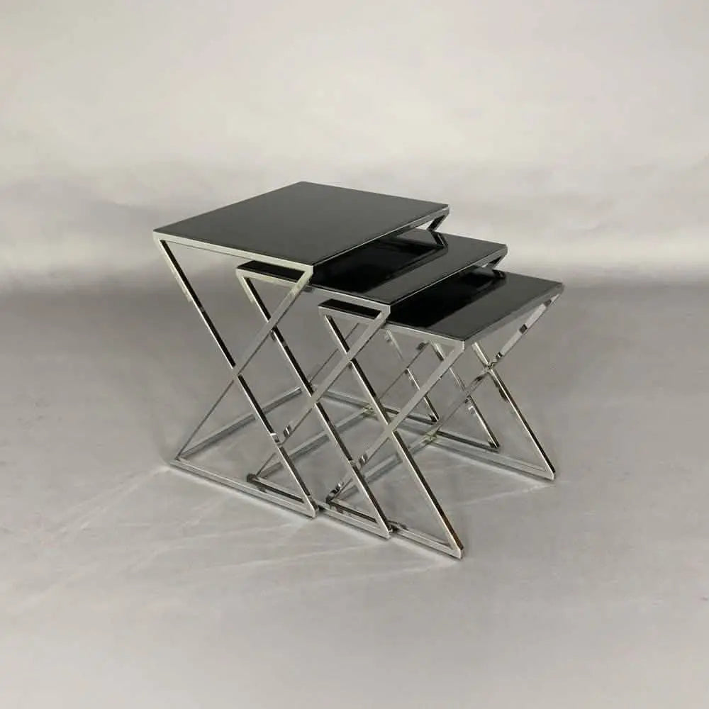 طقم ترابيزات جانبية متداخلة ستيل بسطح زجاج، 3 قطع