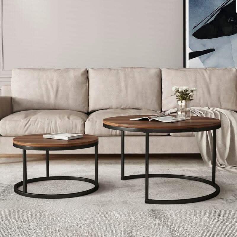 طقم ترابيزات قهوة متداخلة ستيل بسطح خشب، قطعتين