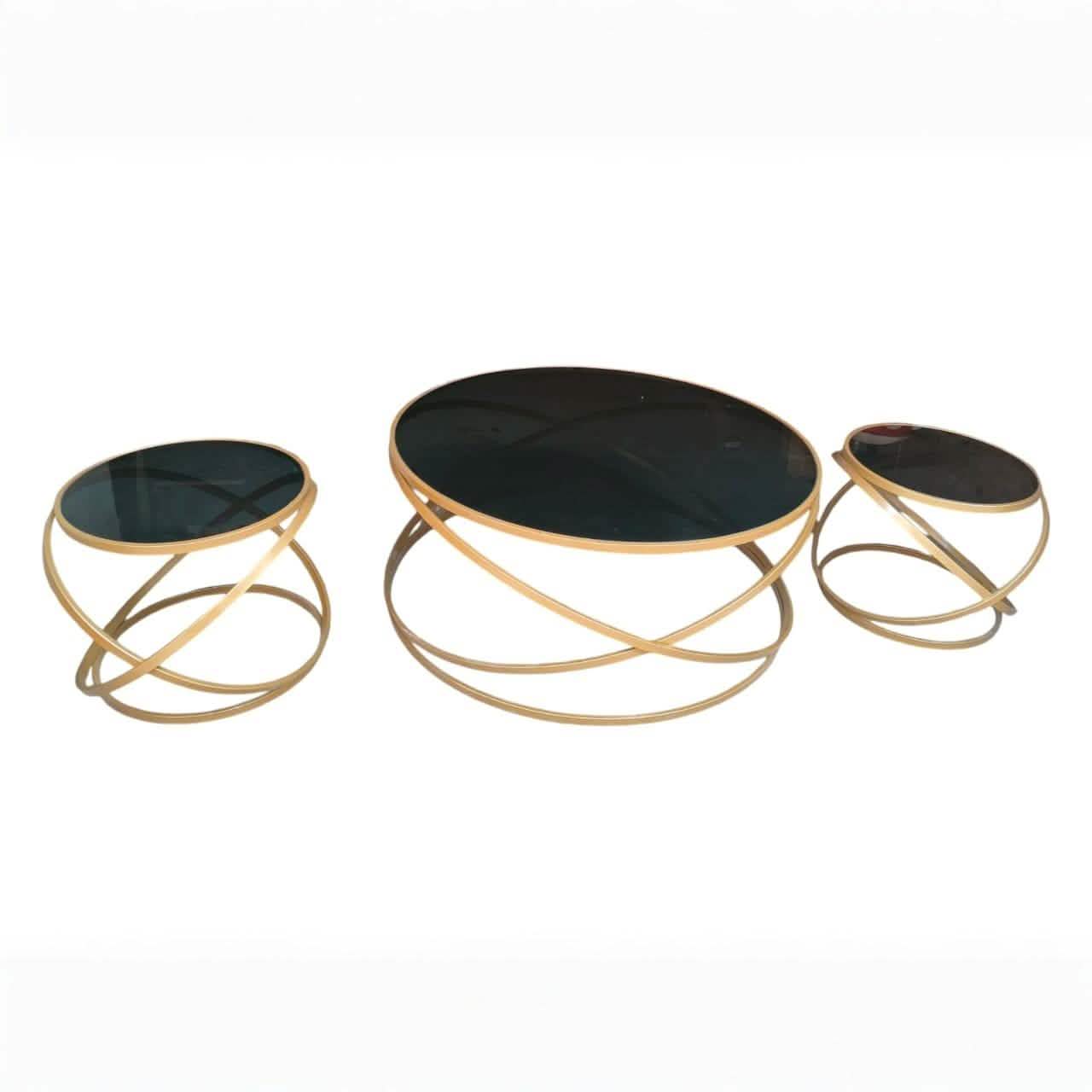 طقم ترابيزات قهوة ستيل بسطح زجاجي، 3 قطع