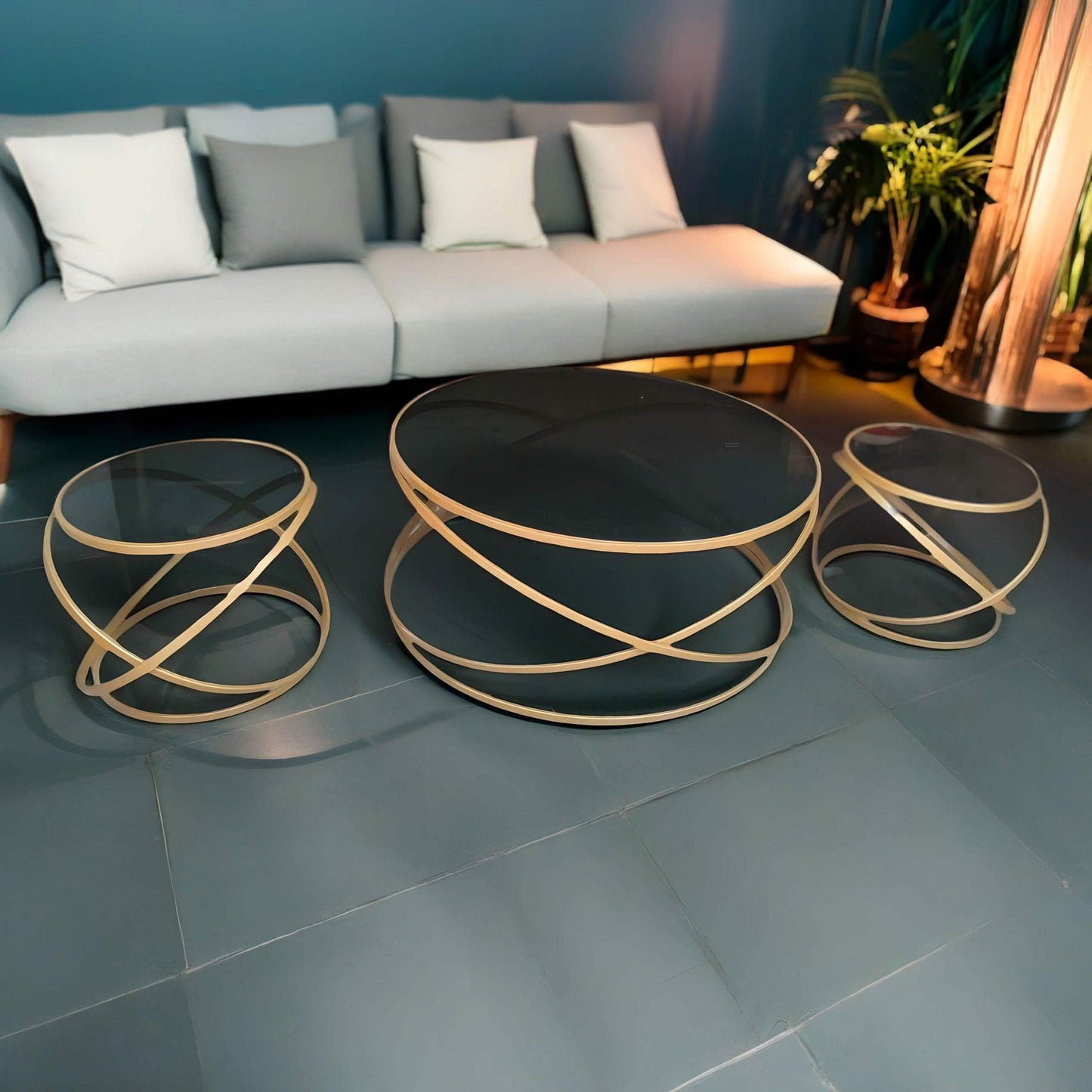 طقم ترابيزات قهوة ستيل بسطح زجاجي، 3 قطع