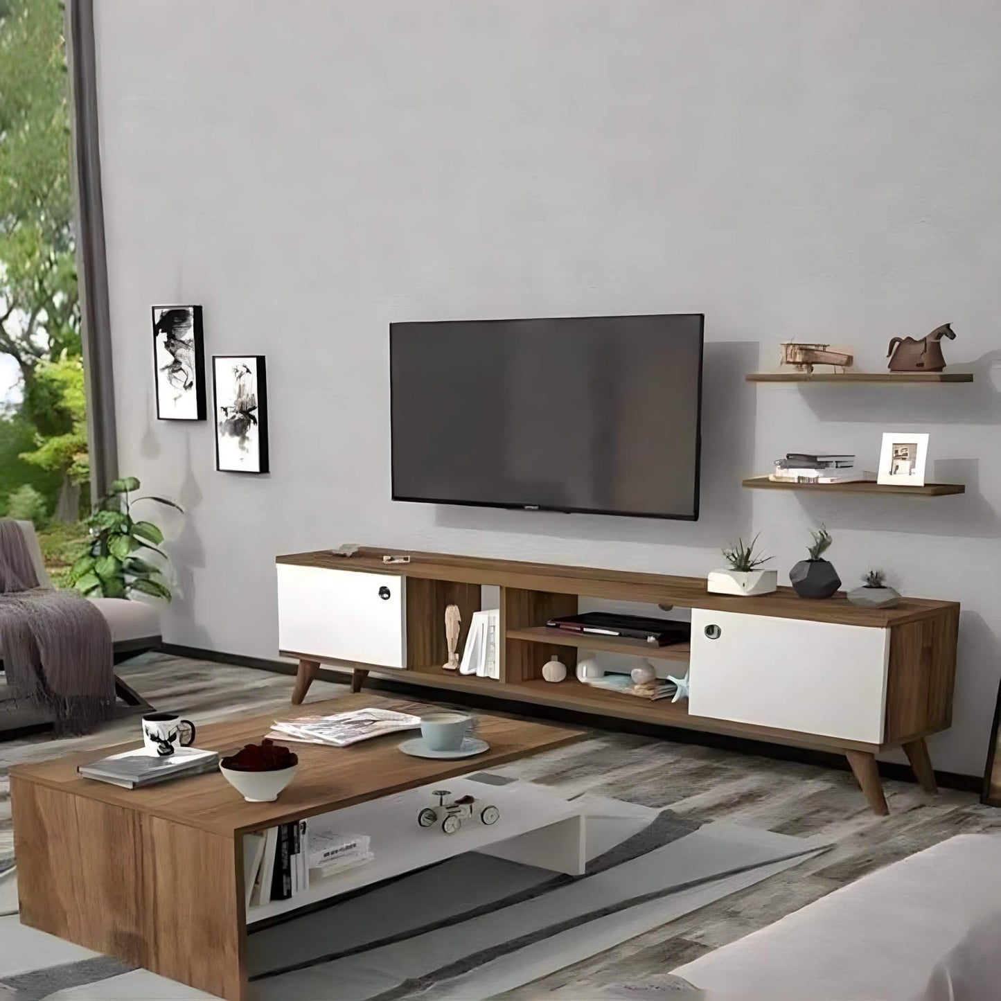 طقم ترابيزة تليفزيون مع ترابيزة قهوة، خشب ام دي اف - قطعتين