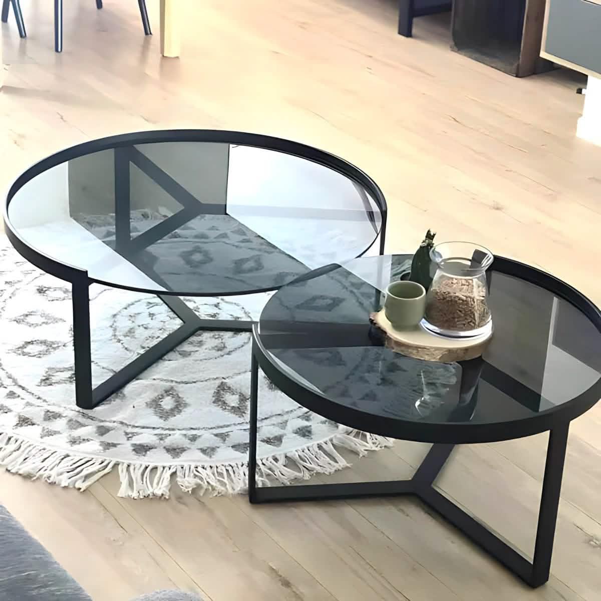 طقم ترابيزات قهوة ستيل بسطح زجاج، قطعتين