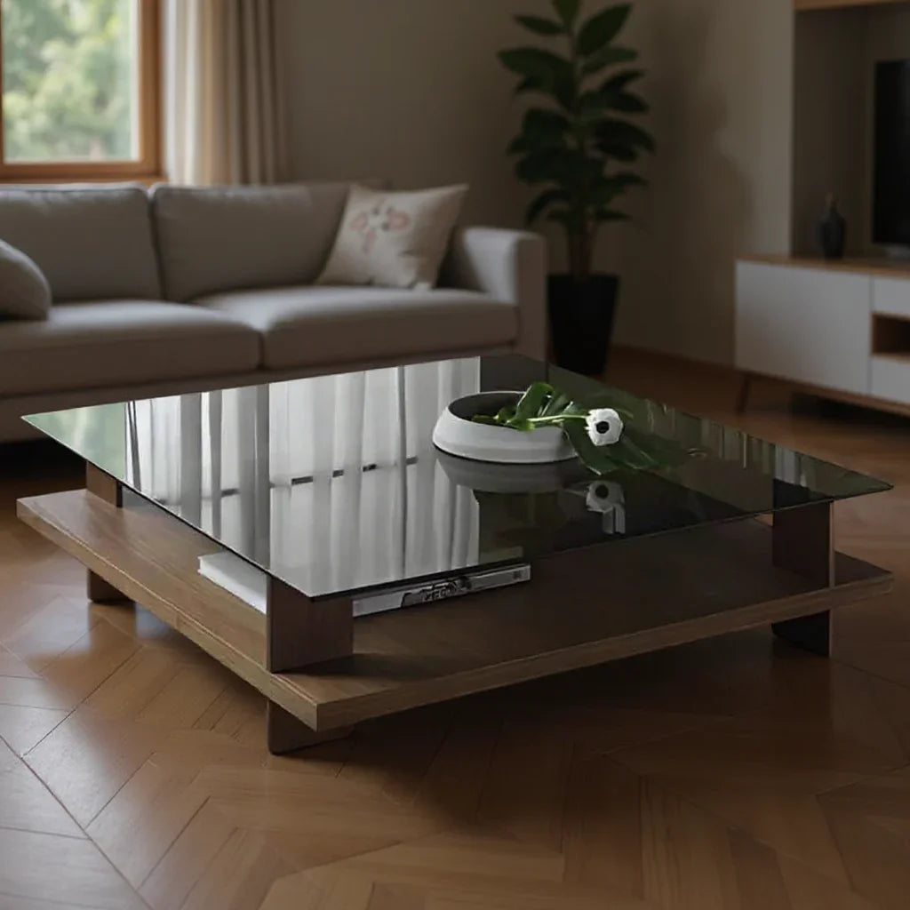 ترابيزة قهوة ام دي اف بسطح زجاج، 80*80*40 سم