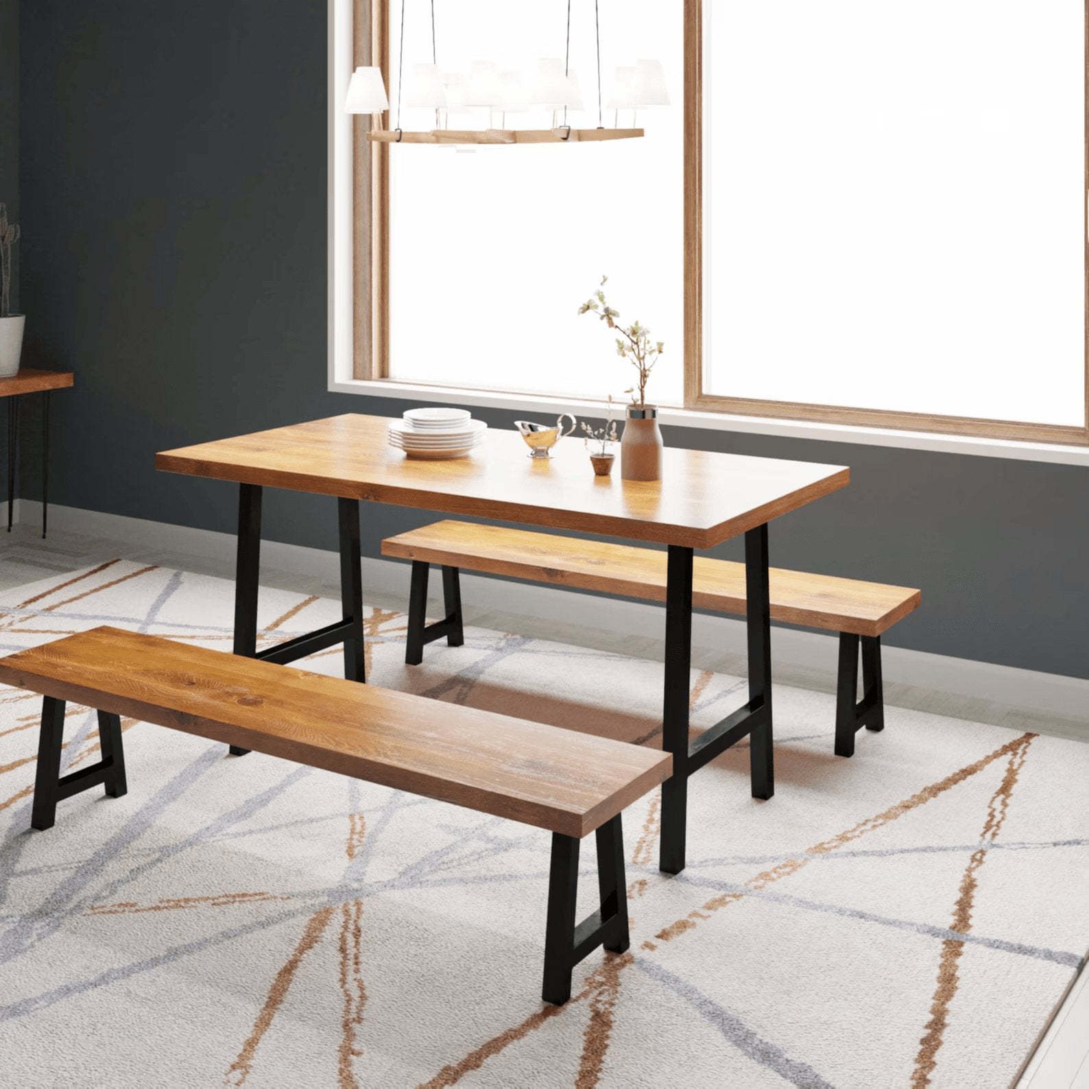 ترابيزة سفرة مع بنش معدن بسطح خشب