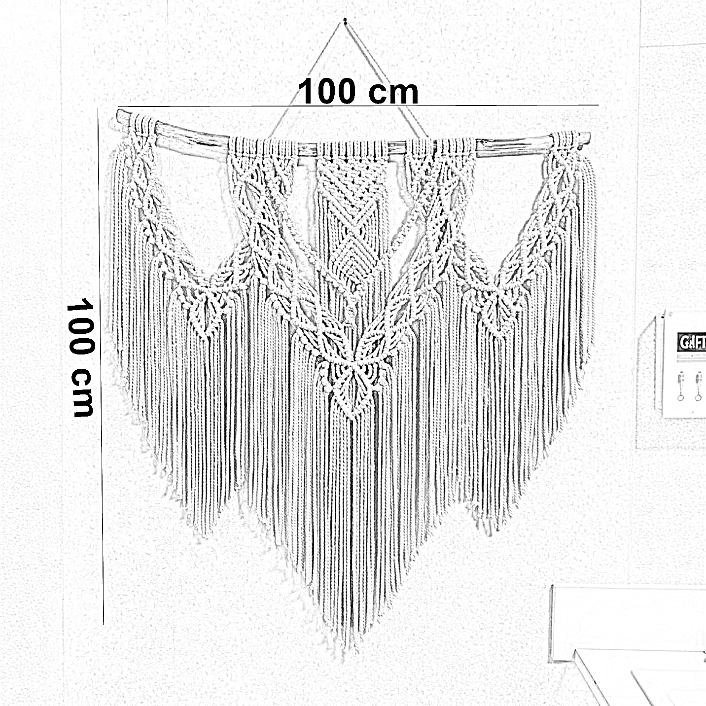مكرمية حائط قطن وخشب طبيعي، 100*100 سم
