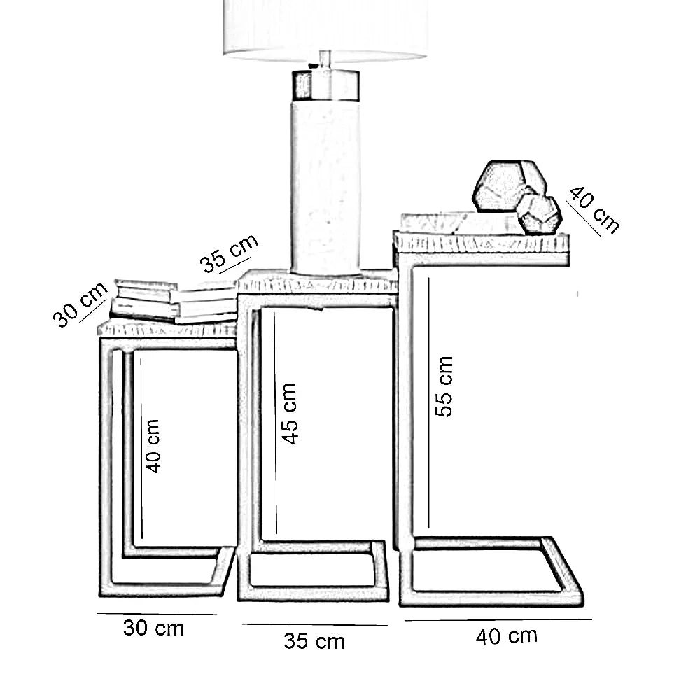 طقم ترابيزات جانبية معدن بسطح خشبي، 3 قطع