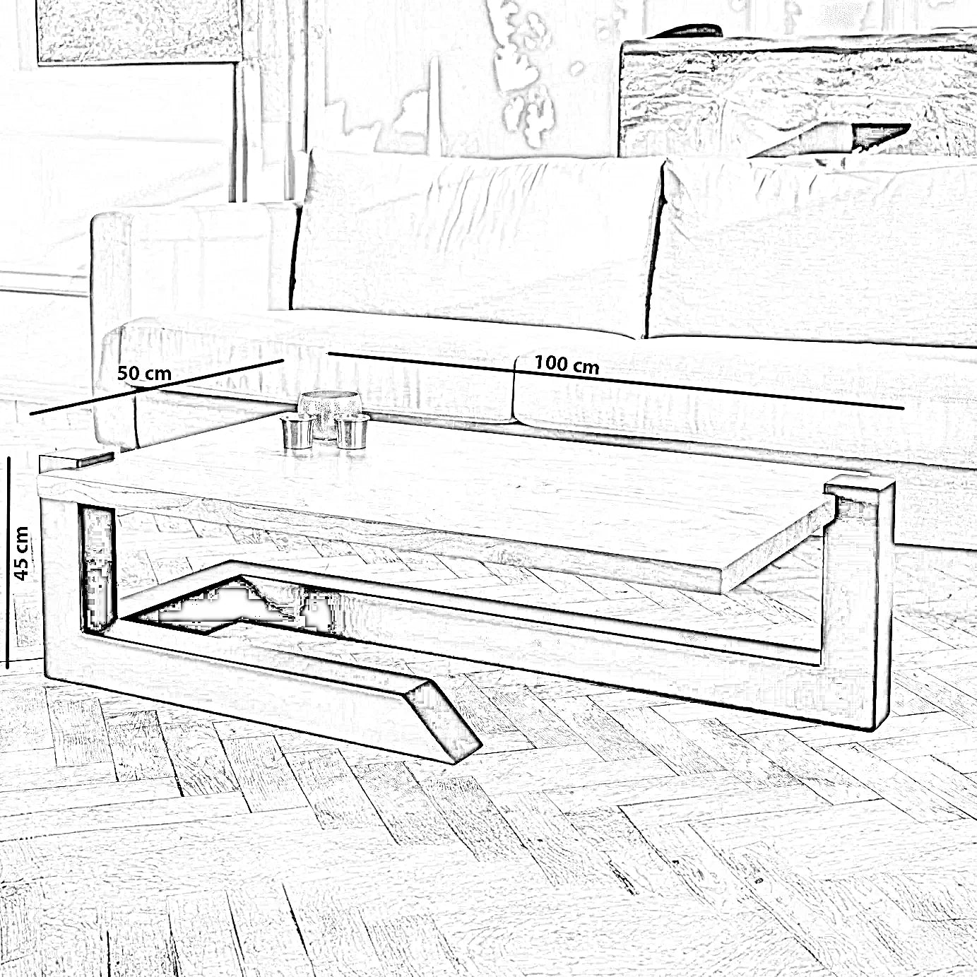 ترابيزة قهوة خشب و معدن، 100*50*45 سم