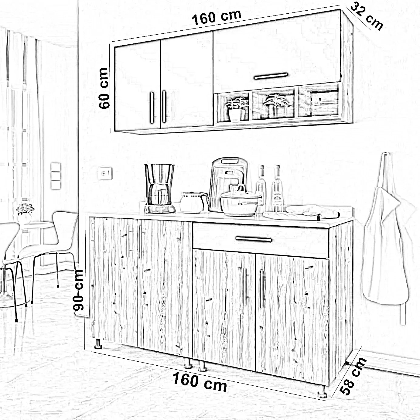 مطبخ خشب ام دي اف، قطعتين