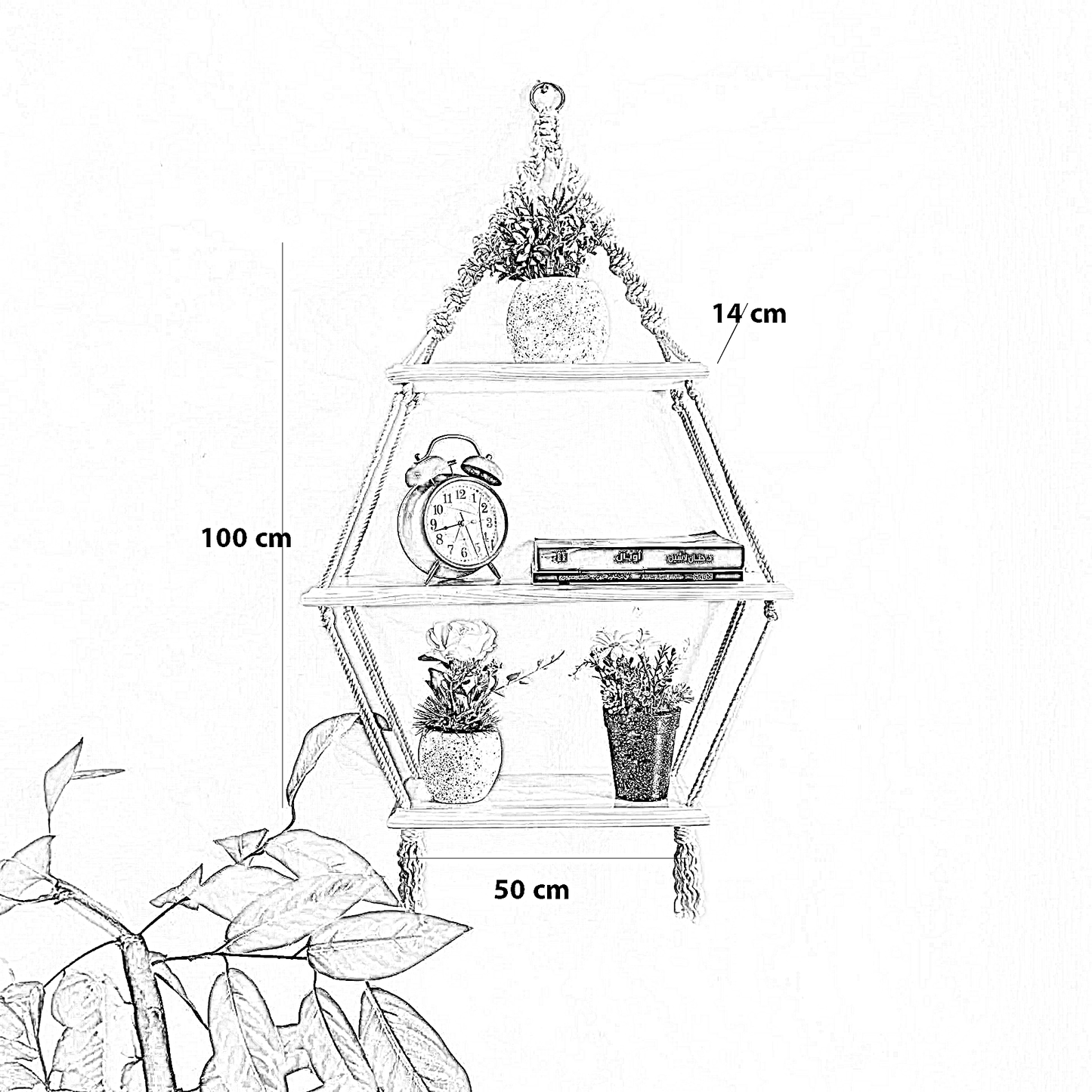 وحدة أرفف مكرمية قطن و خشب موسكي، 50*14*100 سم