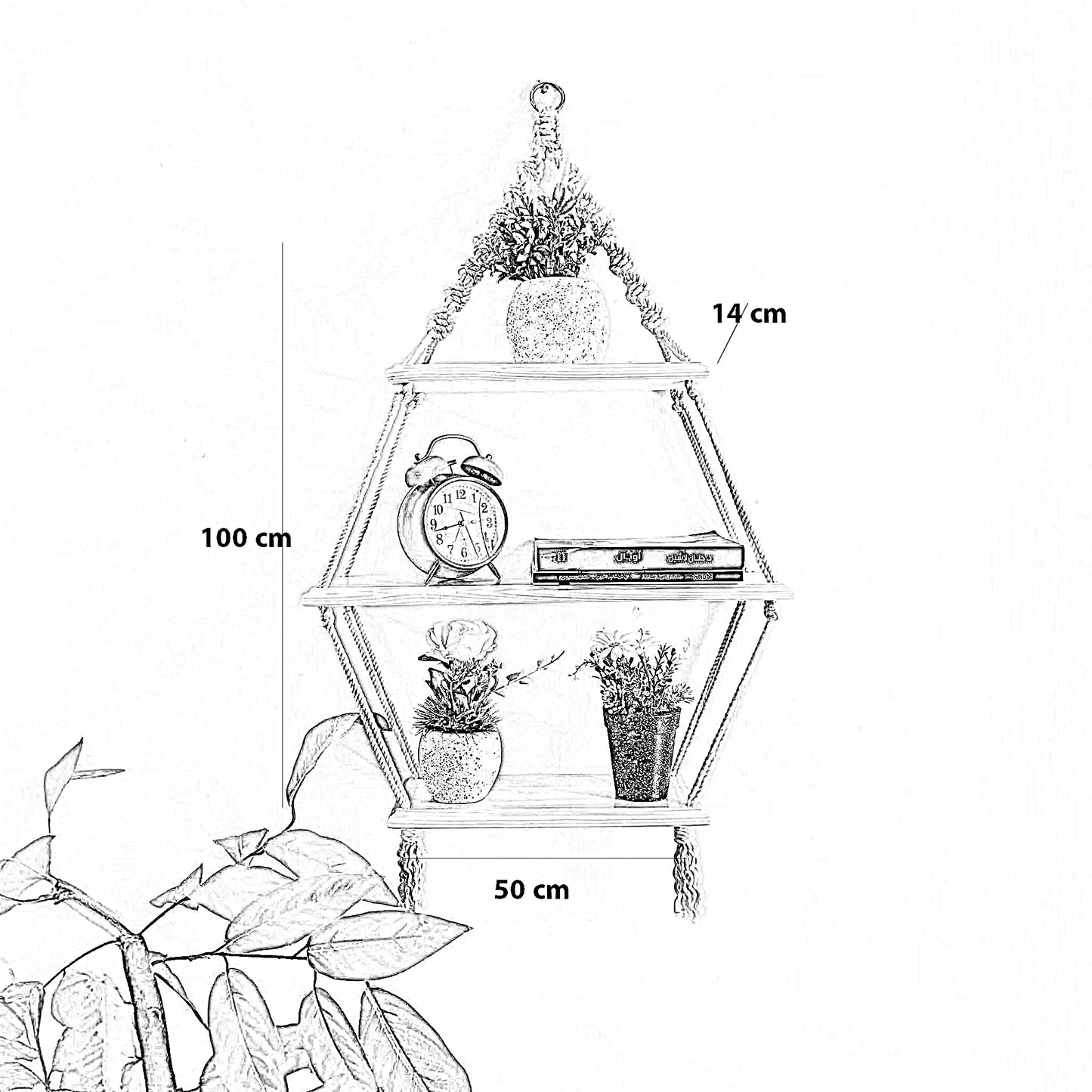 وحدة أرفف مكرمية قطن و خشب موسكي، 50*14*100 سم