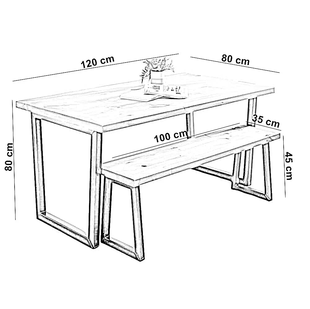 ترابيزة سفرة مع بنش ستيل بسطح خشب، 120*80*80 سم