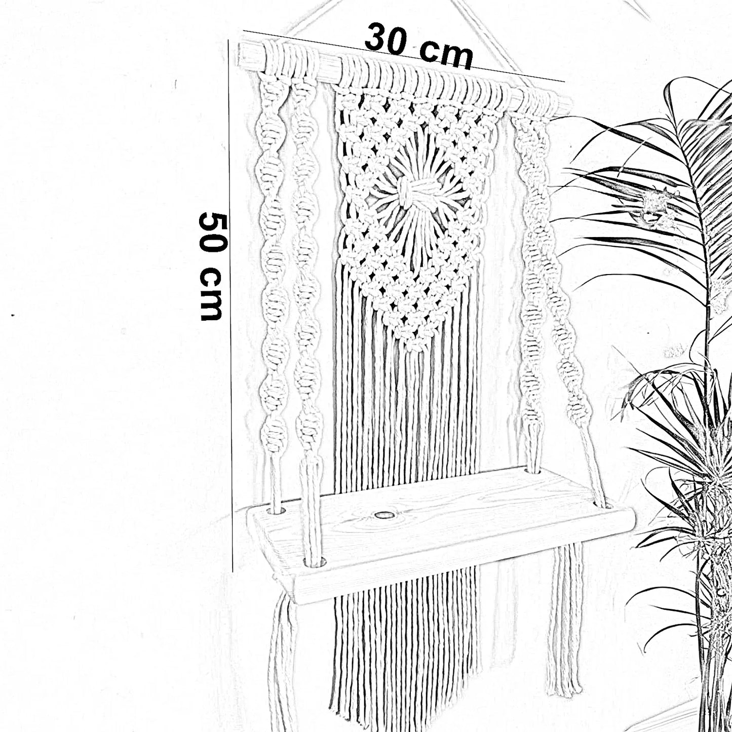 رف مكرمية حائط خشب طبيعي وقطن، 30*50 سم