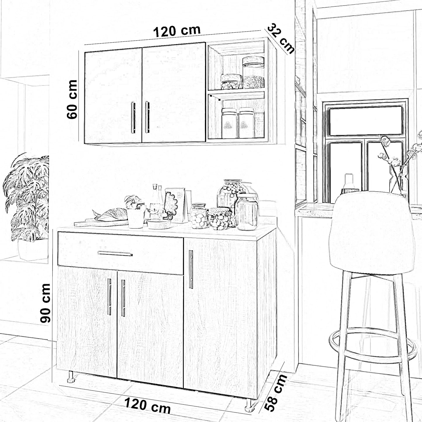 مطبخ خشب ام دي اف، قطعتين