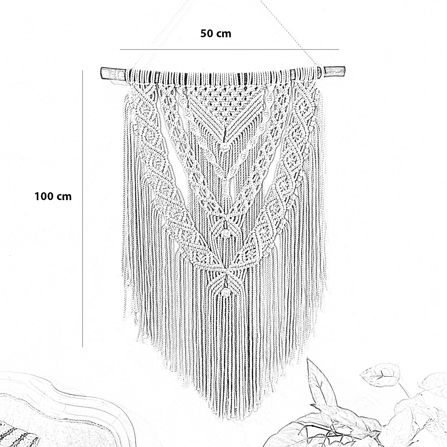 مكرمية حائط قطن وخشب موسكي، 50*100 سم