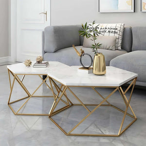 طقم ترابيزات قهوة ستيل بسطح رخام، قطعتين
