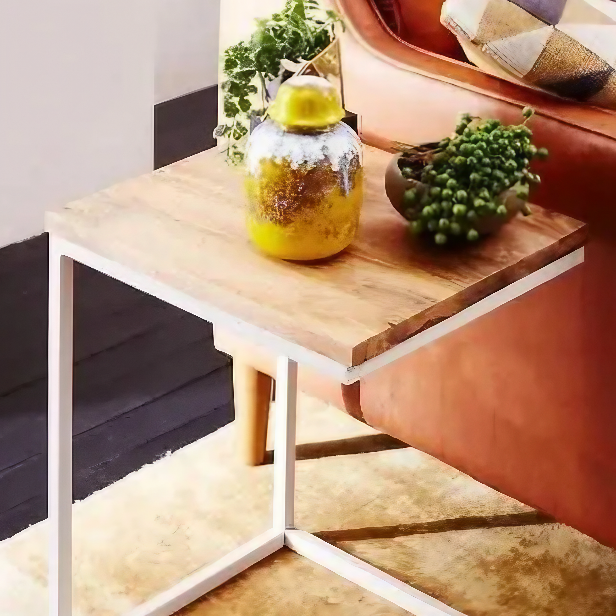 ترابيزة جانبية ستيل بسطح خشب، 40*40*50 سم