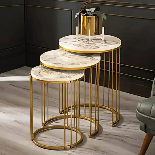 طقم ترابيزات جانبية متداخلة معدن بسطح رخام، 3 قطع