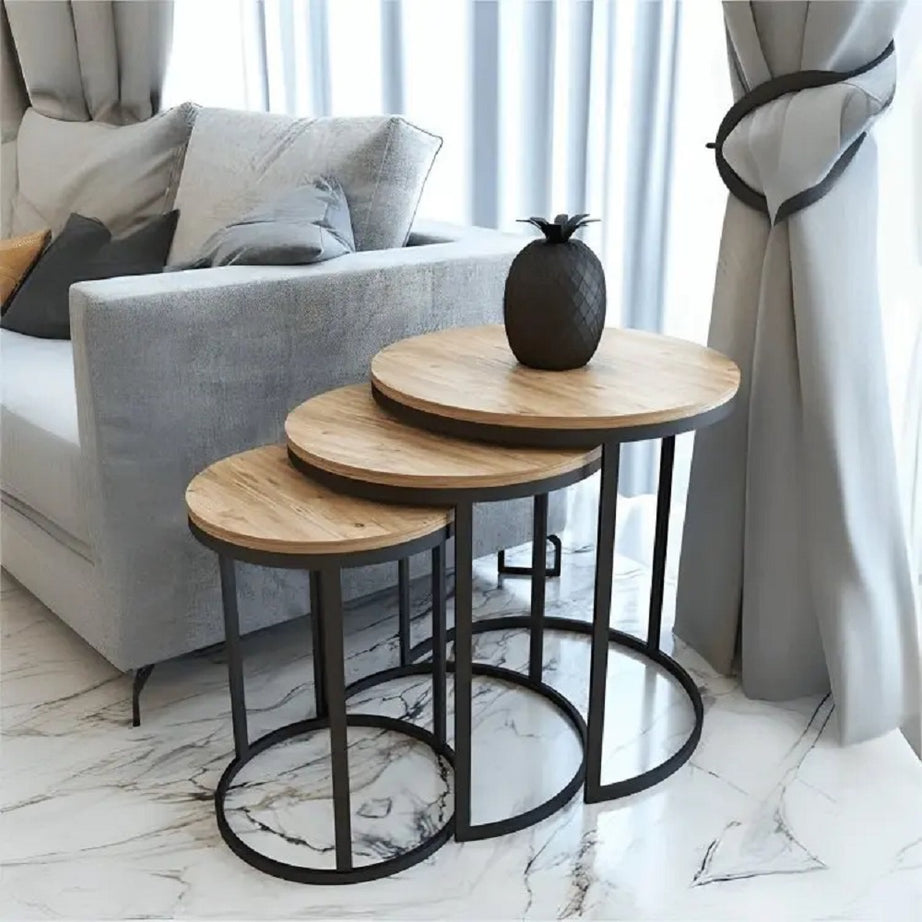 طقم ترابيزات جانبية متداخلة معدن بسطح خشب، 3 قطع