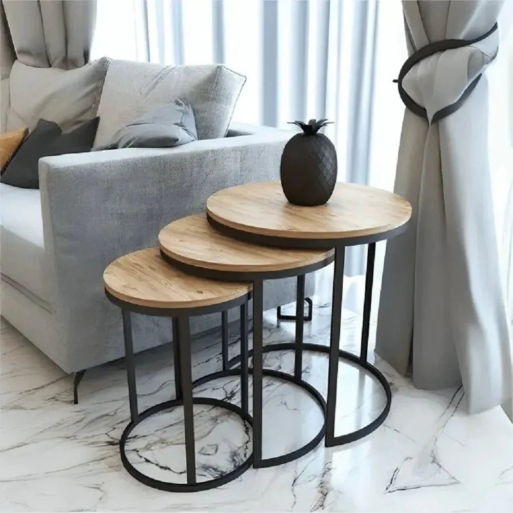 طقم ترابيزات جانبية متداخلة معدن بسطح خشب، 3 قطع