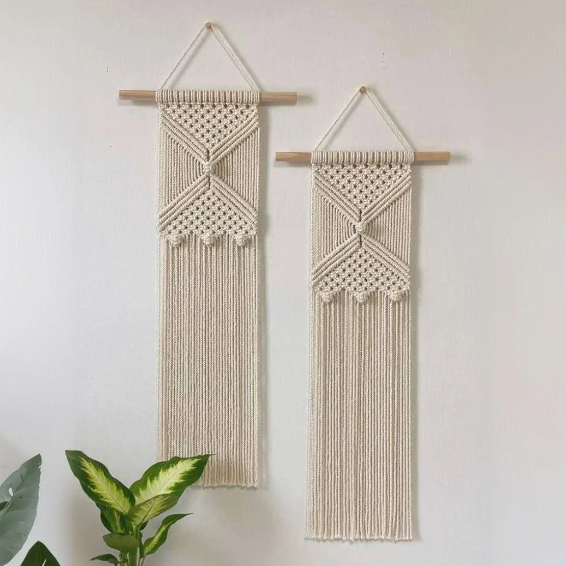 طقم مكرمية حائط قطن وخشب طبيعي، قطعتين