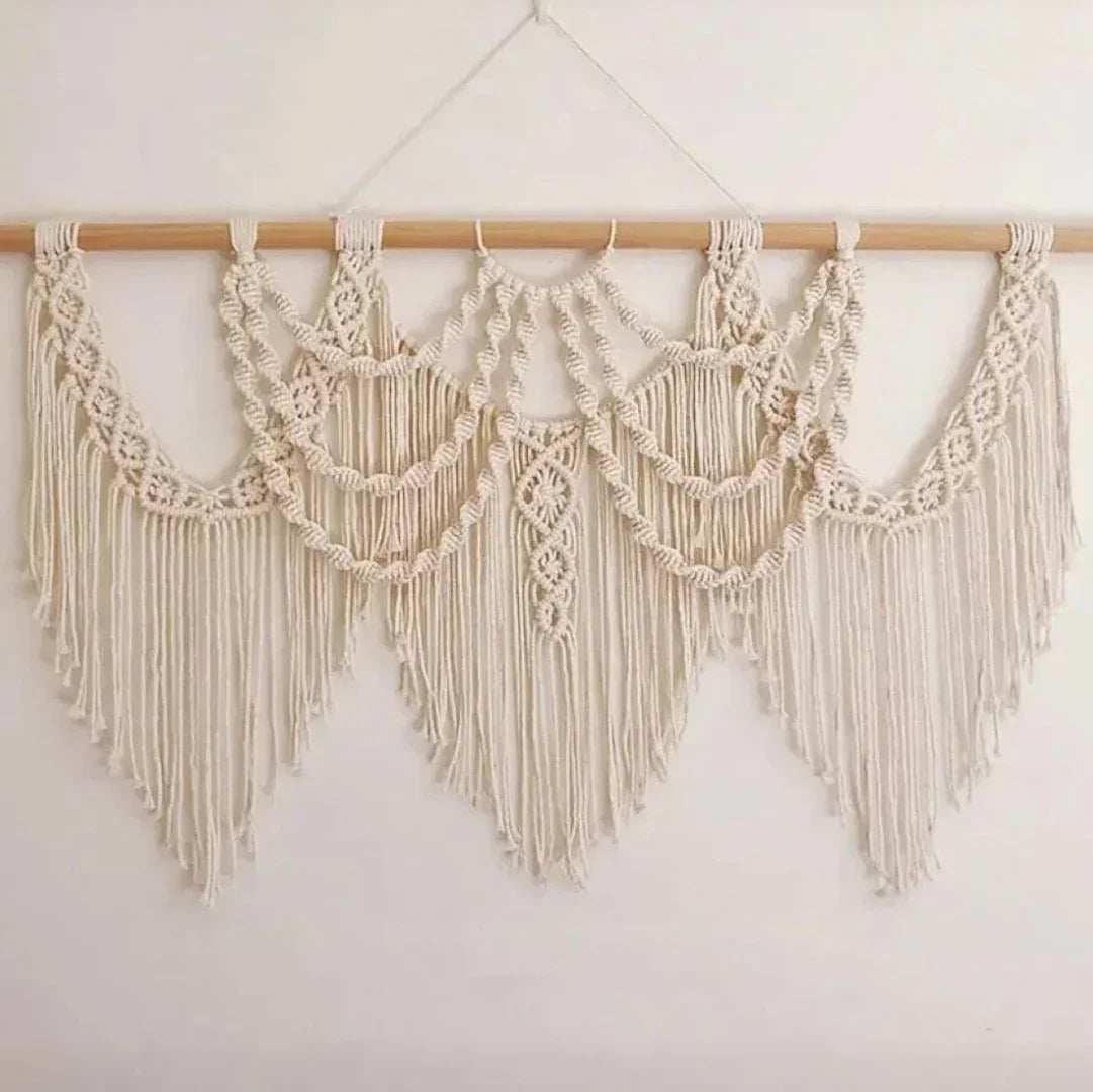 مكرمية حائط قطن وخشب طبيعي، 100*60 سم