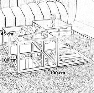 ترابيزة قهوة ستيل مودرن بسطح زجاجي وإطار معدني أنيق مع رفوف مفتوحة 100x100x45 سم