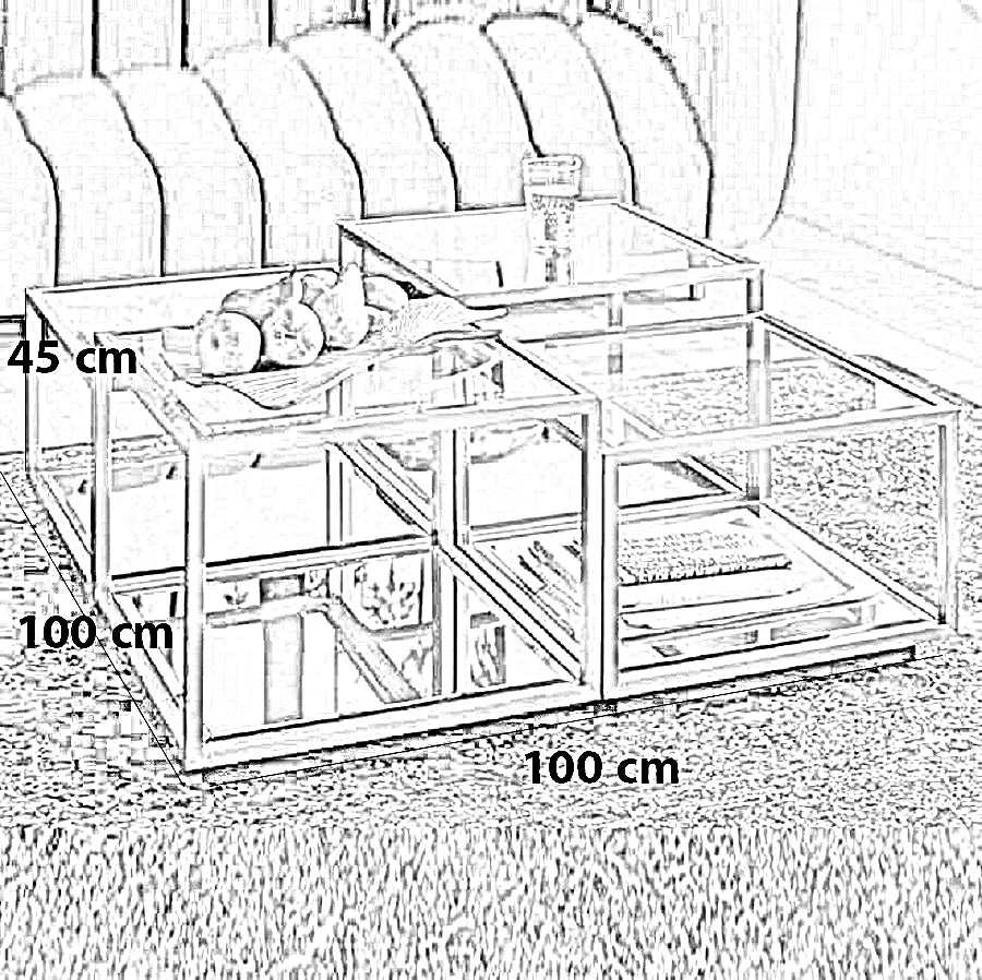 ترابيزة قهوة ستيل مودرن بسطح زجاجي وإطار معدني أنيق مع رفوف مفتوحة 100x100x45 سم