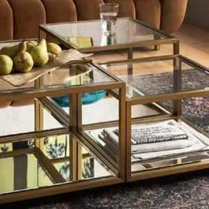 ترابيزة قهوة ستيل مودرن بزجاج واطار نحاسي مع أسطح عاكسة 100x100x45 سم