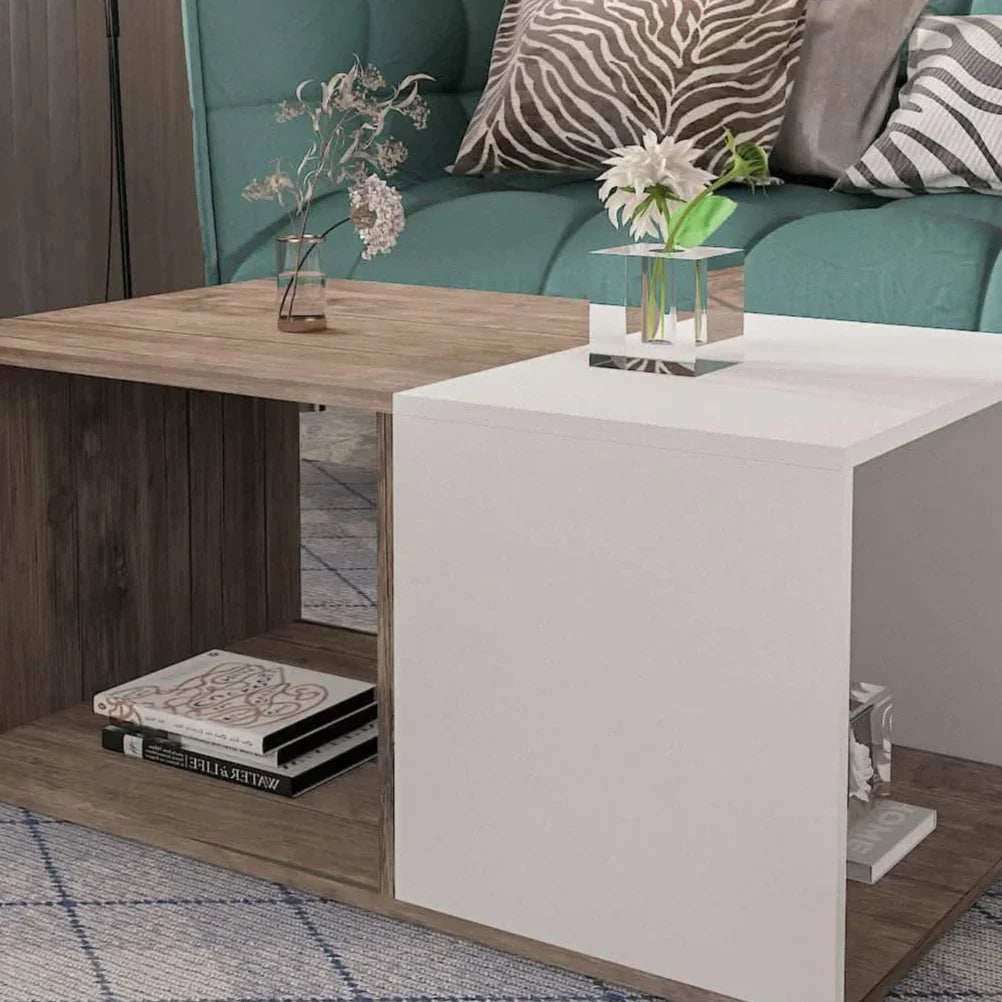 ترابيزة قهوة ام دي اف 100*60*40 سم بدرجين لون خشبي ولمعان أبيض مع رفوف مفتوحة للتخزين