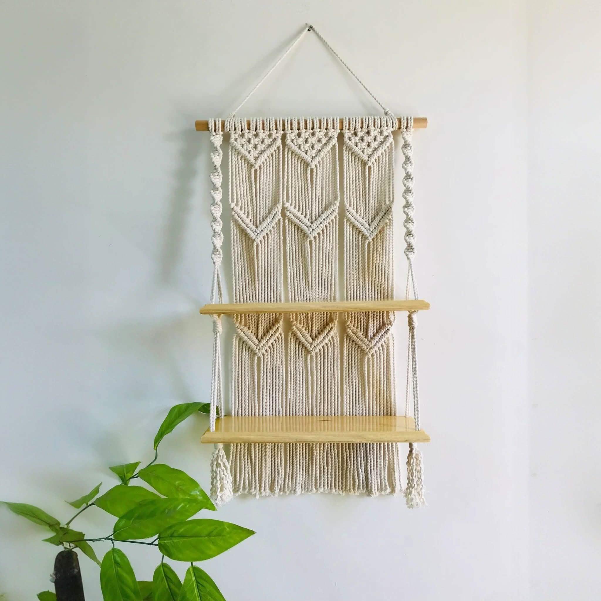 رف مكرمية حائط قطن و خشب موسكي، 40*14*75 سم